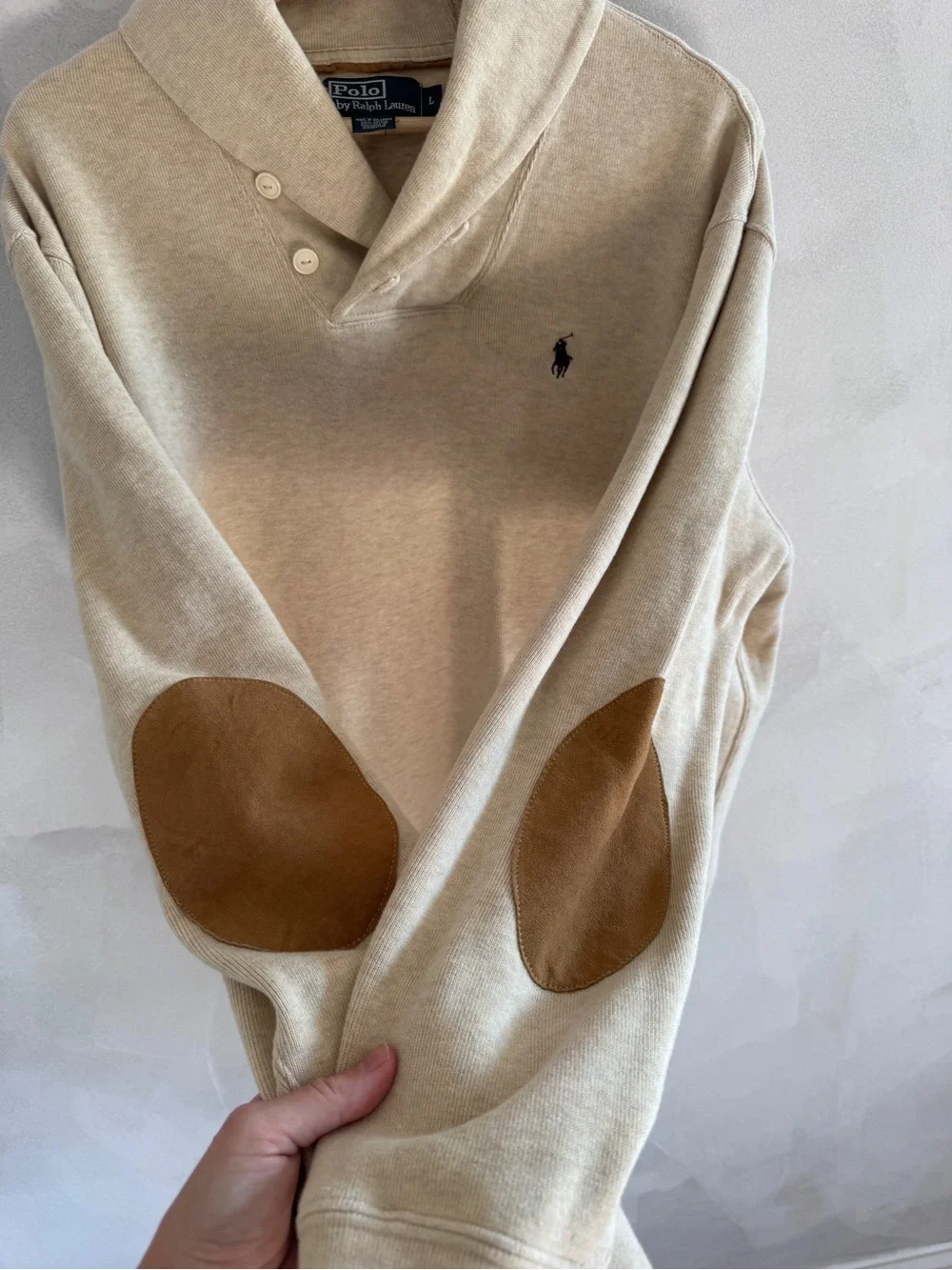 Ralph Lauren - Men’s Shawl-Collar Pullover - Cream with Brown Elbow Patches